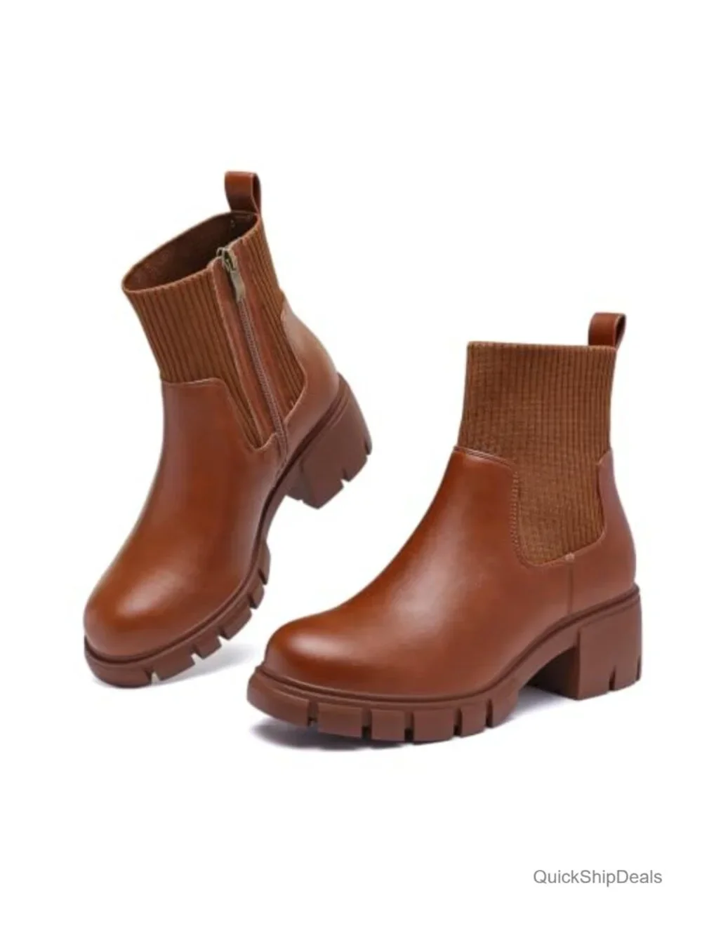 Chunky Lug Sole Chelsea Ankle Boots with Platform Heel - PU Leather